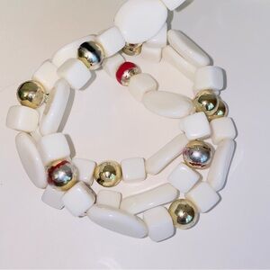 Vintage Chunky White Lucite Beaded 30" Necklace with Striped Gold Accent Beads